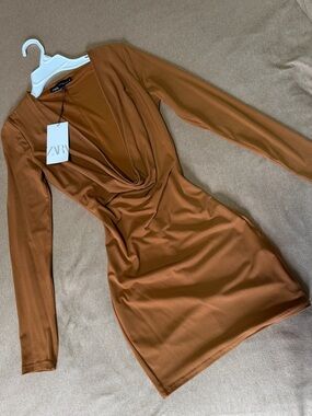 ZARA Rust Brown Long-Sleeve Draped Mini Dress